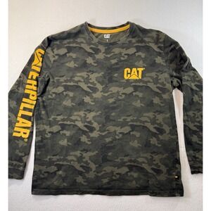 Caterpillar CAT Mens Long Sleeve T Shirt Large Green Camo Logo Spelled Out